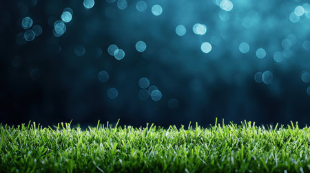This image features a close-up of fresh green grass against a soft blue bokeh background, ideal for nature-themed projects, advertisements, or artistic presentations.の素材