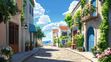 Explore a serene coastal village street adorned with lush flowers and artistic architecture under a bright blue sky, offering a perfect escape for travelers.の素材