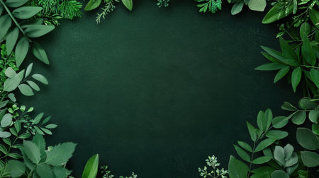 A high-quality image showcasing a lush arrangement of green leaves and foliage framing a dark background, perfect for nature-themed designs, graphics, or wallpapers.の素材