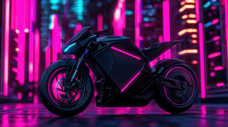 A striking electric motorcycle is showcased in a neon-lit cityscape, embodying modern design and advanced technology, perfect for urban lifestyle and futuristic themes.の素材