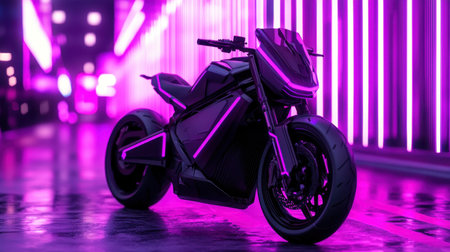 This image showcases a cutting-edge electric motorcycle set against a backdrop of vibrant purple lights and a neon cityscape, reflecting off a wet road.の素材
