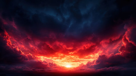 A stunning sunset scene features vibrant reds and oranges lighting up the sky, contrasting with dark clouds, creating a mesmerizing natural landscape ideal for relaxation.の素材