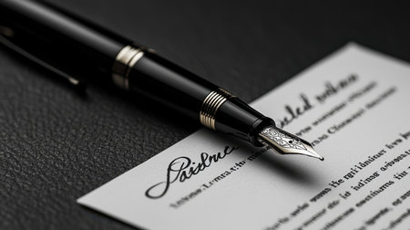 A refined fountain pen is elegantly placed over pristine stationery featuring beautiful calligraphy, set against a dark textured background, ideal for artistic projects.の素材