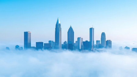A stunning view of Atlanta's skyline rises above a blanket of fog under a clear blue sky, capturing the beauty of urban architecture at sunrise in the morning.の素材