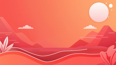 A stunning illustration depicting a serene sunset over tranquil mountains, with a vibrant orange and red sky. The calm water reflects the light, creating a peaceful atmosphere.の素材