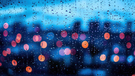 Captivating raindrops on a window create a soft, cool atmosphere against colorful urban bokeh lights. The serene scene captures the essence of a rainy evening.の素材