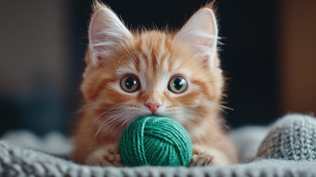 A charming orange kitten with large expressive eyes is playfully holding a green yarn ball on a soft blanket, capturing a delightful moment of innocence and cuteness.の素材