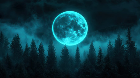 A captivating night scene featuring a large blue moon illuminating a serene forest. Misty fog weaves through tall pine trees, creating an enchanting and tranquil atmosphere.の素材