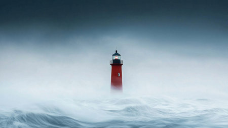 A striking lighthouse emerges from swirling ocean waves and thick fog, embodying both strength and solitude. This captivating scene evokes breathtaking beauty and resilience.の素材