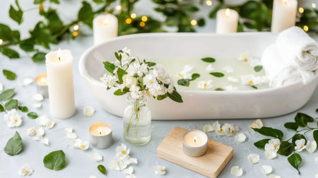 Experience ultimate relaxation in this serene spa setup featuring a soothing bathtub, white flowers, elegant candles, and soft towels, perfect for self-care moments.の素材