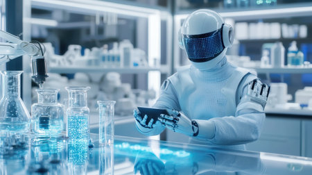 A robot scientist engages in research in a modern laboratory, utilizing advanced technology and glassware filled with glowing liquids, showcasing innovation in science.の素材