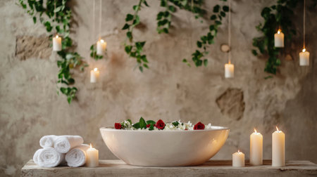 Experience tranquility in this stunning spa setting featuring a flower-filled bath surrounded by lit candles and fresh greenery, perfect for relaxation and self-care.の素材