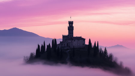 A stunning medieval castle appears on a hilltop amidst fog, with a colorful sunrise illuminating the sky, creating a tranquil and mysterious atmosphere in nature.の素材
