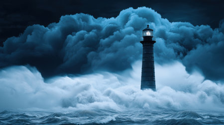 A striking image of a lighthouse illuminated against a backdrop of stormy clouds and raging waves, capturing the essence of resilience and hope in maritime settings.の素材