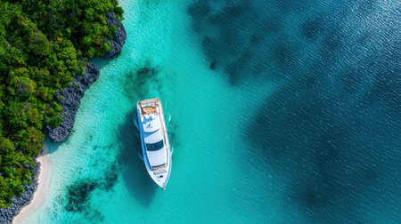 Experience the serenity of a luxury yacht anchored in stunning turquoise waters, surrounded by vibrant greenery and idyllic beaches. Perfect for travel inspiration.の素材