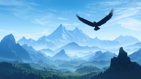 A stunning silhouette of an eagle flying gracefully above a breathtaking mountain landscape, showcasing the beauty of nature and the spirit of adventure in the great outdoors.の素材