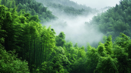 Explore a serene bamboo forest enveloped in mist, offering a tranquil retreat into nature. Perfect for relaxation with lush greenery and foggy hills in the backdrop.の素材