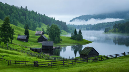 Discover a breathtaking landscape featuring mist rising over a peaceful river, rustic cabins, and vibrant greenery, capturing the essence of nature's tranquility.の素材