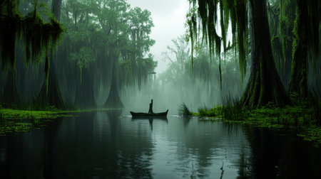 A tranquil swamp scene with a lone boat gliding through misty waters, surrounded by lush green trees and ethereal fog, capturing the serene beauty of nature.の素材