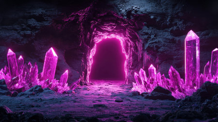 Step into a mystical cave illuminated by vibrant pink crystals. The enchanting scene evokes a sense of adventure, showcasing the beauty of underground wonders and magical landscapes.の素材