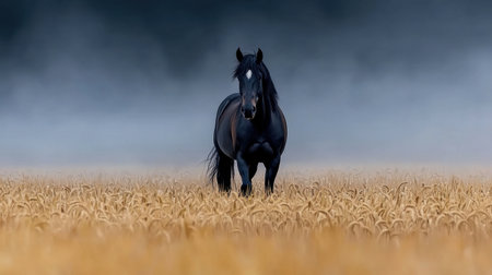 A stunning black horse stands proudly in a golden wheat field, surrounded by soft mist in the early morning light, creating a peaceful and ethereal atmosphere.の素材