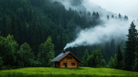 A charming wooden cabin with smoke gently curling from its chimney stands amidst a lush green forest, surrounded by misty mountains and a serene atmosphere.の素材