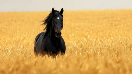 A stunning black horse gracefully trots through a vibrant golden wheat field, showcasing the peace and beauty of the countryside and the connection with nature.の素材
