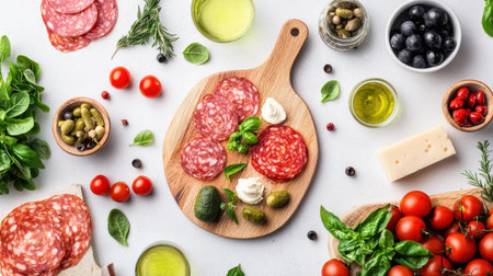 A beautifully arranged charcuterie board featuring slices of salami, fresh herbs, cherry tomatoes, olives, and olive oil. Perfect for entertaining and gourmet meals.の素材