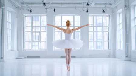 A graceful ballerina in a white tulle tutu demonstrates exquisite dance movements in a bright studio, showcasing elegance and artistry in a serene environment.の素材