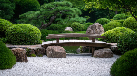 A peaceful Japanese garden featuring a wooden bridge arching over calm water, surrounded by lush shrubs and smooth stones, creating a tranquil and serene environment.の素材