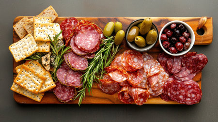 A beautifully arranged meat and cheese platter featuring an assortment of cured meats, crackers, olives, and fresh herbs, perfect for entertaining and sharing.の素材