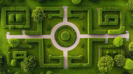 A captivating aerial view of a beautifully designed garden featuring intricate maze patterns. The lush greenery and neat pathways create a harmonious outdoor space perfect for relaxation.の素材