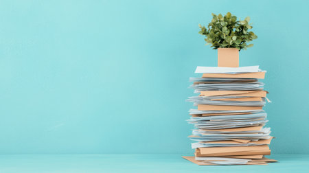 A creative and fresh office scene featuring a tall stack of paperwork topped with a small green plant in a pot against a bright teal background, symbolizing organization.の素材