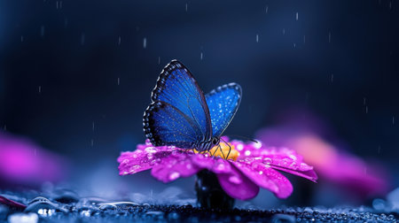 A stunning blue butterfly perched on a pink flower amidst gentle raindrops, creating a vibrant and serene atmosphere perfect for nature lovers.の素材