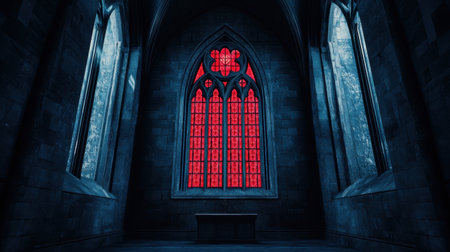 A captivating interior of a gothic space featuring a striking red stained glass window surrounded by dark stone walls, evoking a mysterious and eerie ambiance.の素材