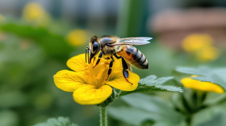 A striking close-up of a honey bee diligently pollinating a bright yellow flower, showcasing the beauty of nature and the importance of pollinators in a thriving garden.の素材