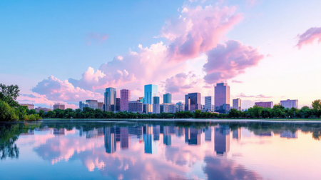 A breathtaking view of a city skyline at sunset, with vibrant clouds reflecting on calm waters. Perfect for showcasing urban beauty and natural tranquility.の素材