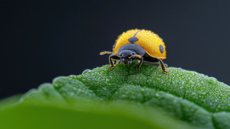 A striking close-up captures a yellow and black beetle perched on a green leaf. Water droplets glisten on the surface, highlighting the intricate details of nature.の素材