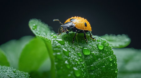 A stunning close-up of an orange beetle perched on a green leaf adorned with glistening dew drops, showcasing the beauty of nature in detail.の素材