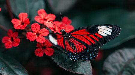 A close-up view of a vibrant red butterfly perched delicately on bright red flowers, surrounded by lush green leaves, showcasing the beauty of nature and harmony.の素材