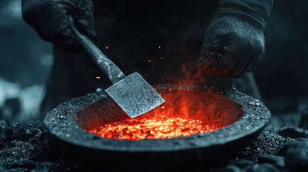 A skilled worker hammers glowing metal in a dark forge, surrounded by hot coals and flying sparks, showcasing the art and tradition of blacksmithing.の素材