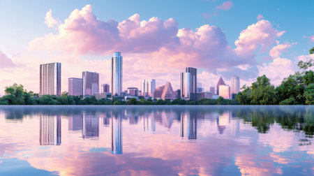 A calm city skyline at sunset, showcasing modern architecture reflected in tranquil water with colorful clouds, creating a peaceful urban scene.の素材