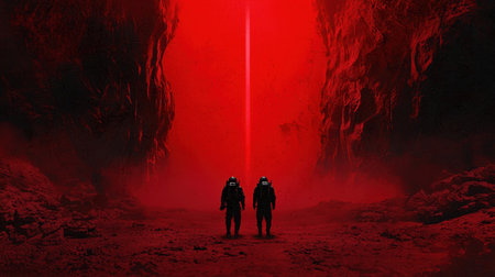 Remarkable depiction of astronauts in a red-hued alien landscape. A mysterious beam of light cuts through shadows, evoking a sense of exploration and awe.の素材