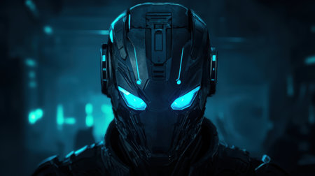 Explore a striking portrait of a futuristic robot with glowing blue eyes, set in a dimly lit sci-fi backdrop that evokes innovation and advanced technology.の素材
