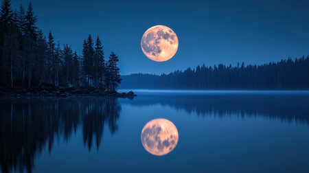 A breathtaking view of the full moon reflecting on a calm lake, framed by towering pine trees, creating a tranquil atmosphere under a beautiful night sky.の素材