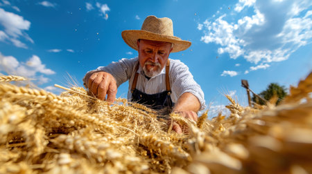 A dedicated elderly farmer carefully inspects his golden wheat harvest under a bright blue sky with fluffy clouds, capturing the essence of agricultural life and hard work.の素材