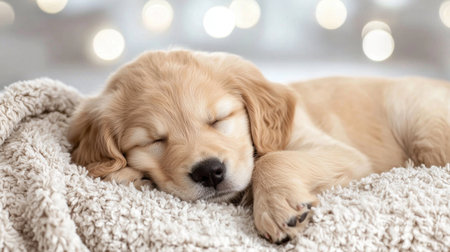 A charming golden retriever puppy peacefully sleeps on a soft blanket, surrounded by a serene ambiance. The warm bokeh background adds to the cozy and heartwarming scene.の素材