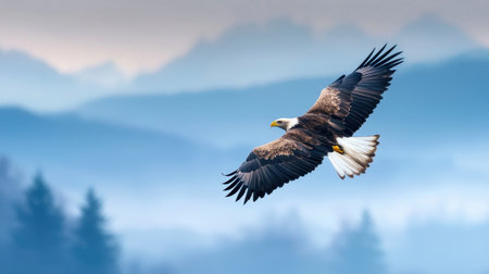 A stunning bald eagle gracefully soars through a tranquil mountain landscape, highlighting its magnificent wingspan against soft fog and gentle colors at dawn.の素材