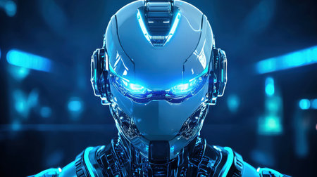 This striking image features a humanoid robot with glowing blue eyes set against a dark backdrop, showcasing advanced design and intricate details in a futuristic style.の素材
