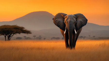 A magnificent African elephant stands prominently in a golden grassy plain under a breathtaking sunset, with shadows of distant mountains and trees creating a serene atmosphere.の素材
